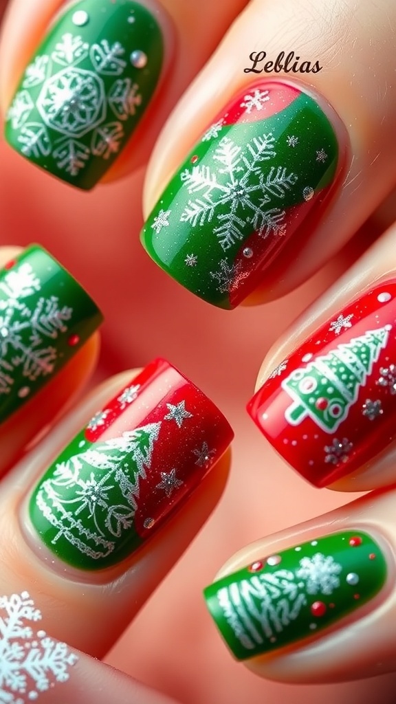 Festive Green and Red Christmas Nail Art Close-up of green and red Christmas nail art with snowflakes and trees.